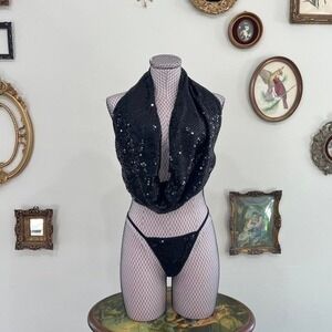 Vintage Y2K Pink Lipstick Black Sequin Cowl Halter Top & Thong Set M/L